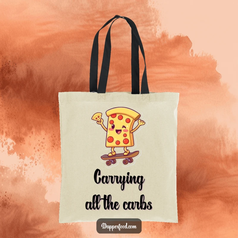Funny tote bag showing a smiling pizza slice character balancing on a skateboard, one slice up, ready for adventure.
