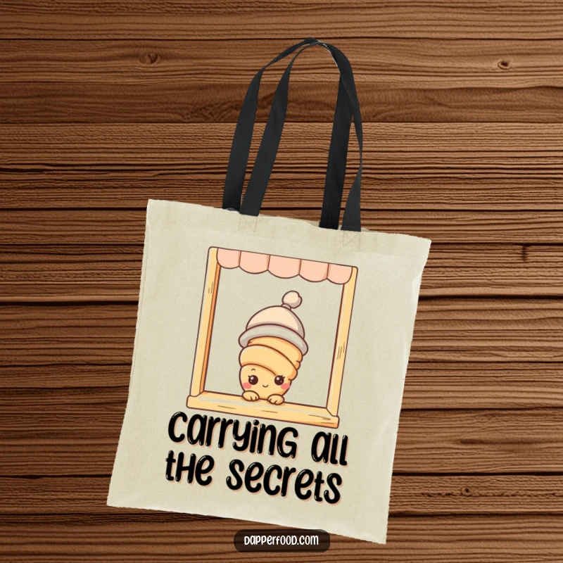Funny croissant character with eyes and hat peeking from a bakery window, featured on a tote bag for shopping.