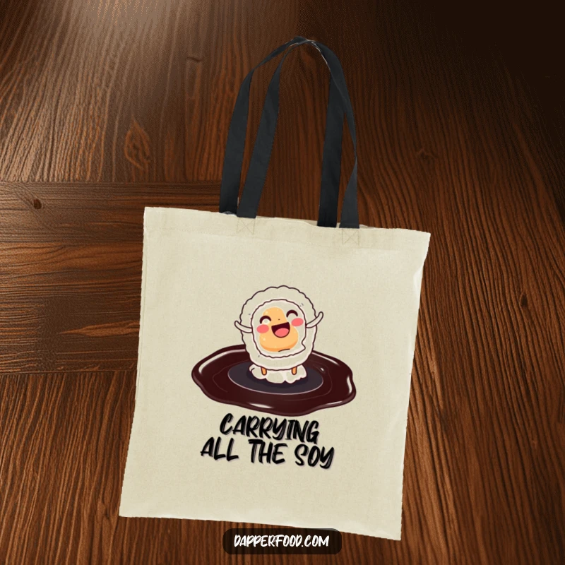Funny tote bag illustration of a sushi roll doing a cartwheel on soy sauce, perfect for carrying groceries with humor.