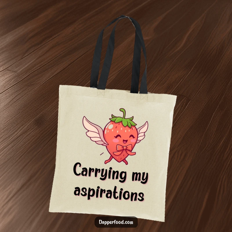 Funny tote bag featuring a delightful strawberry character with legs, wearing a ribbon and wings, ready for flight.