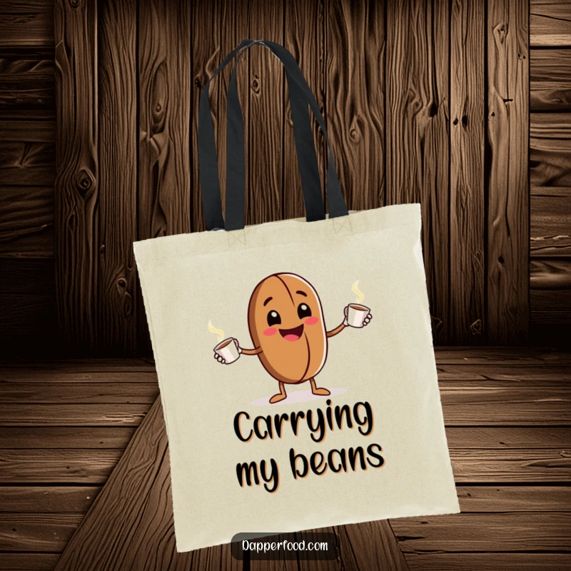 Funny Tote Bag: An anthropomorphic coffee bean character enthusiastically juggles tiny steaming cups, a unique and humorous design for carrying essentials.