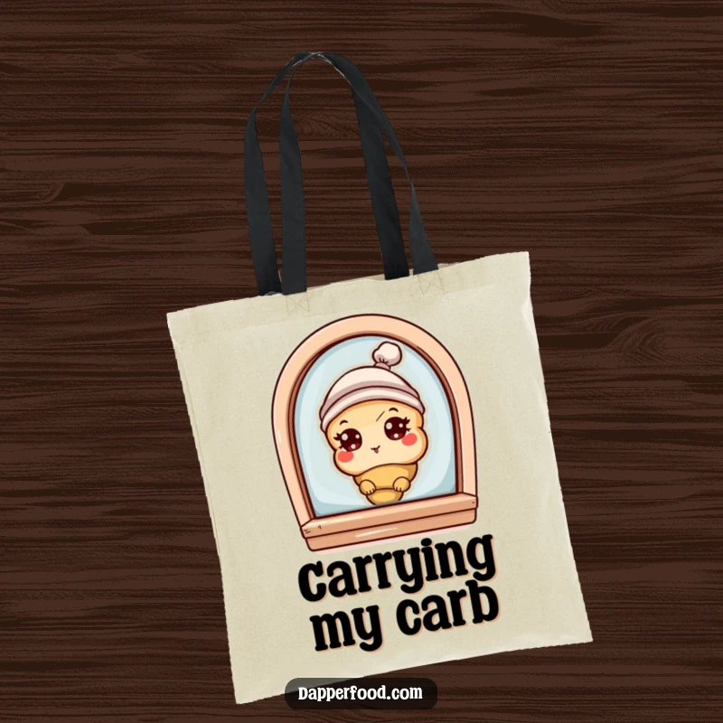 Funny tote bag showing a curious croissant character with eyes and a tiny hat, peeking from a bakery window, for everyday use.