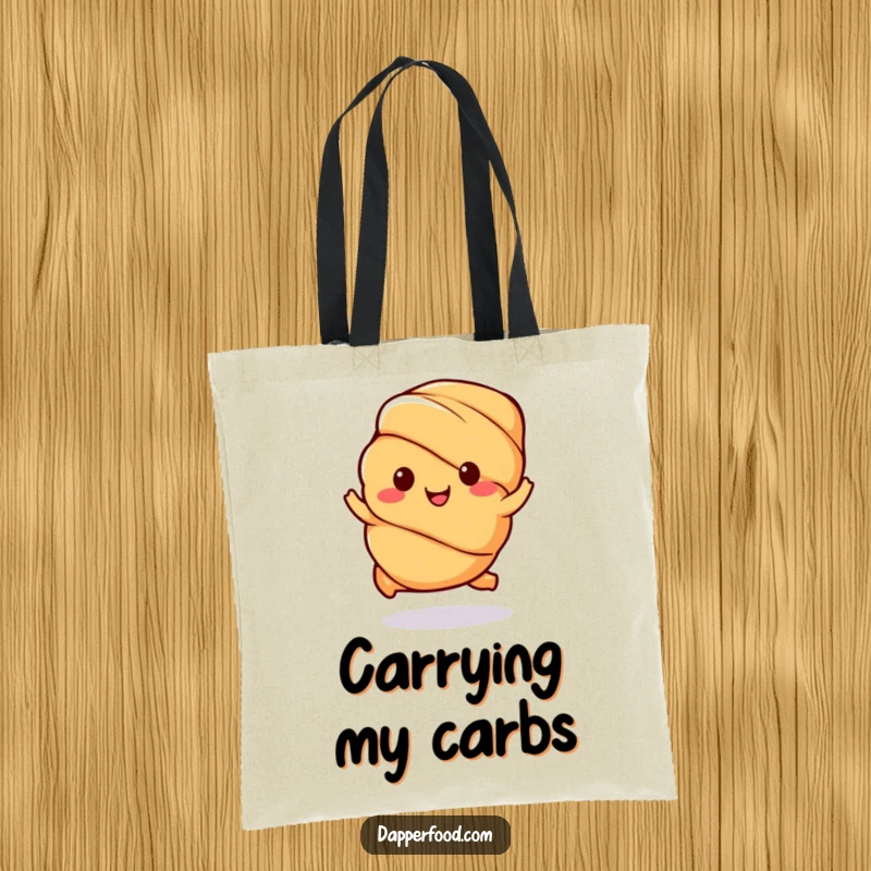 Funny Kawaii Croissant Tote Bag: A cute pastry character doing a happy hop, symbolizing cheerfulness, a practical funny gift.