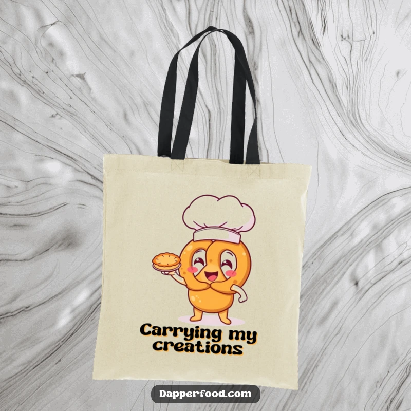 Funny pretzel character wearing an oversized chef hat, triumphantly presenting a miniature pie, a humorous and practical tote bag.