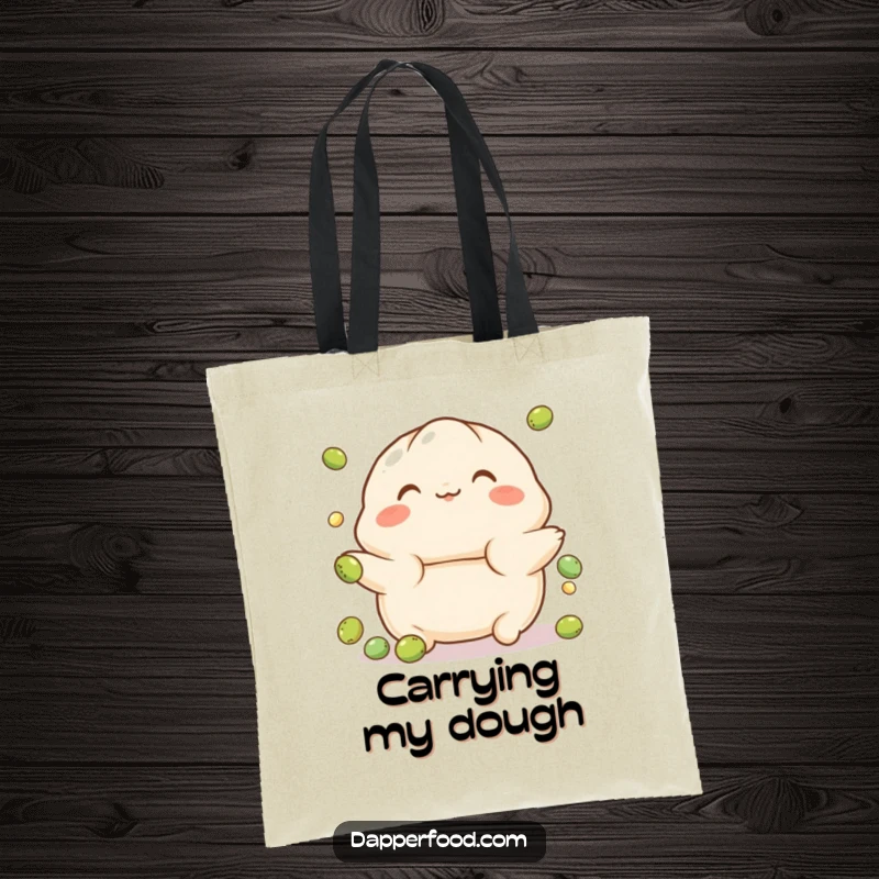 Funny Dumpling Tote Bag with a playful character, rosy cheeks, balancing on a tiny ball, perfect for carrying essentials with adorable humor.