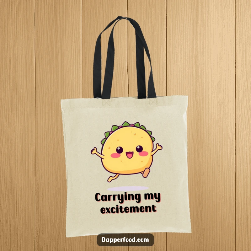 Funny Kawaii taco tote bag depicting a cute taco character with tiny legs leaping joyfully.