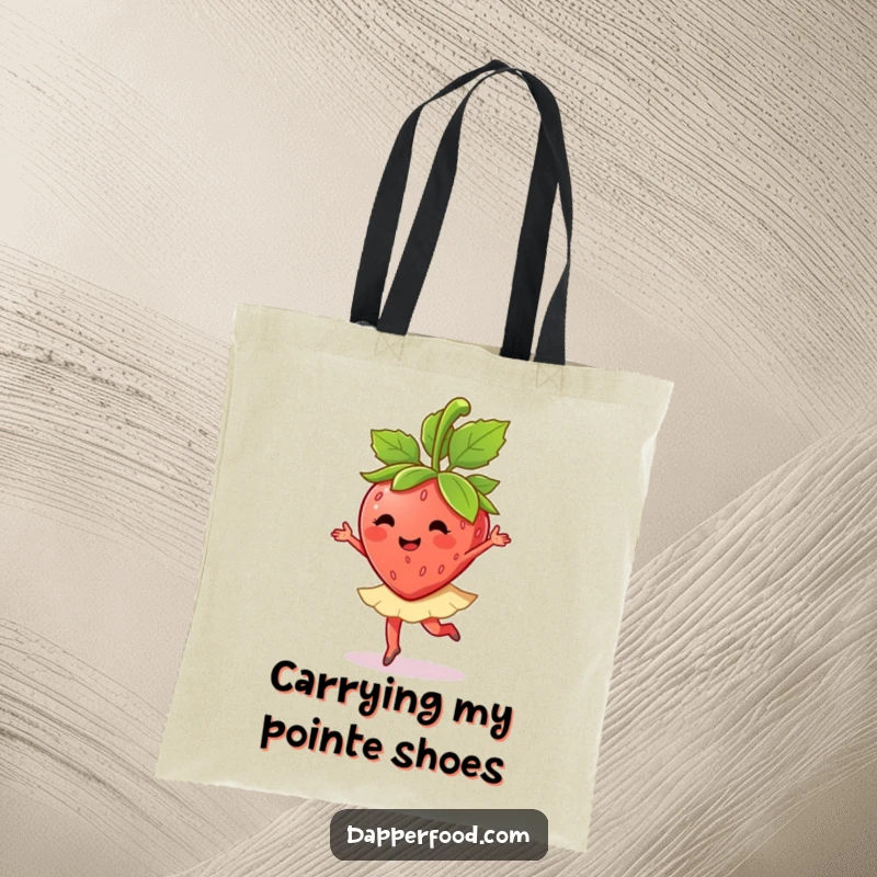 A happy strawberry character does a ballet twirl with its leaves on this funny tote bag, functional and cute.