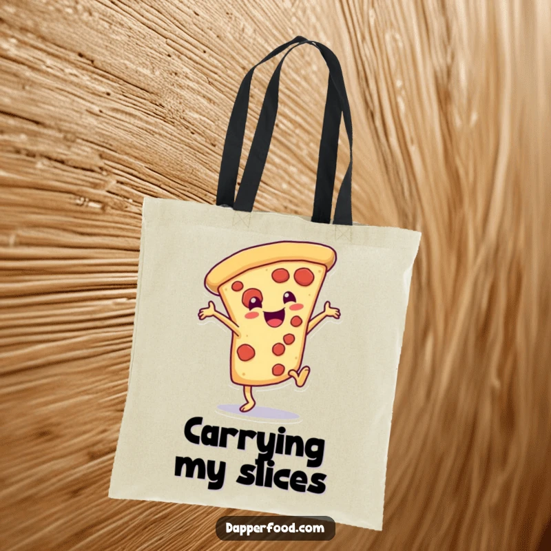 Funny Tote Bag featuring a delighted pizza slice character doing a dramatic cartwheel, perfect for shopping trips.