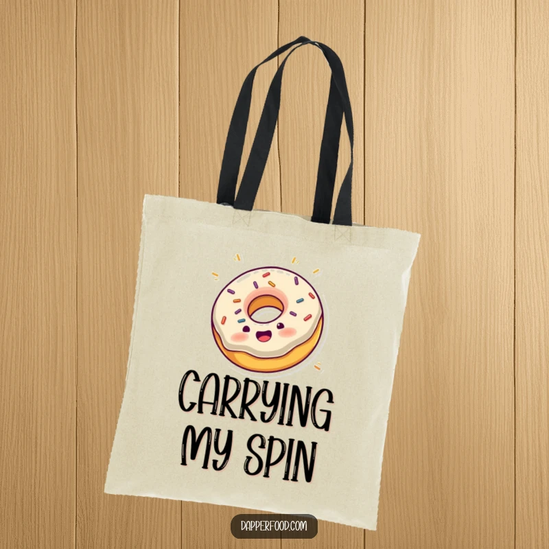 Funny tote bag with an excited donut with sprinkles joyfully spinning on its edge, perfect for shopping.