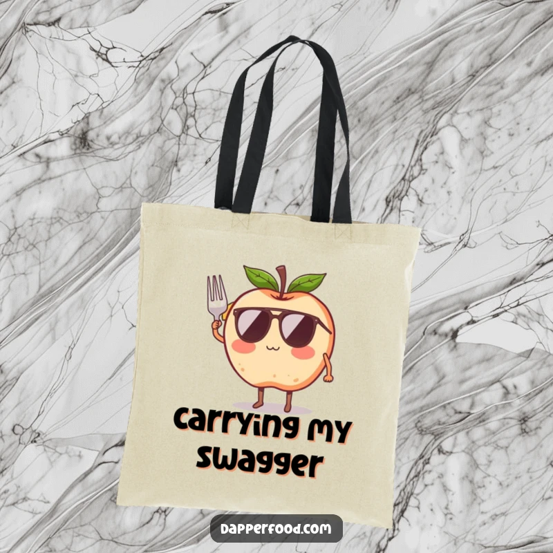 Funny tote bag with a blushing apple character wearing sunglasses and saluting with a tiny fork, a stylish and humorous carry-all.