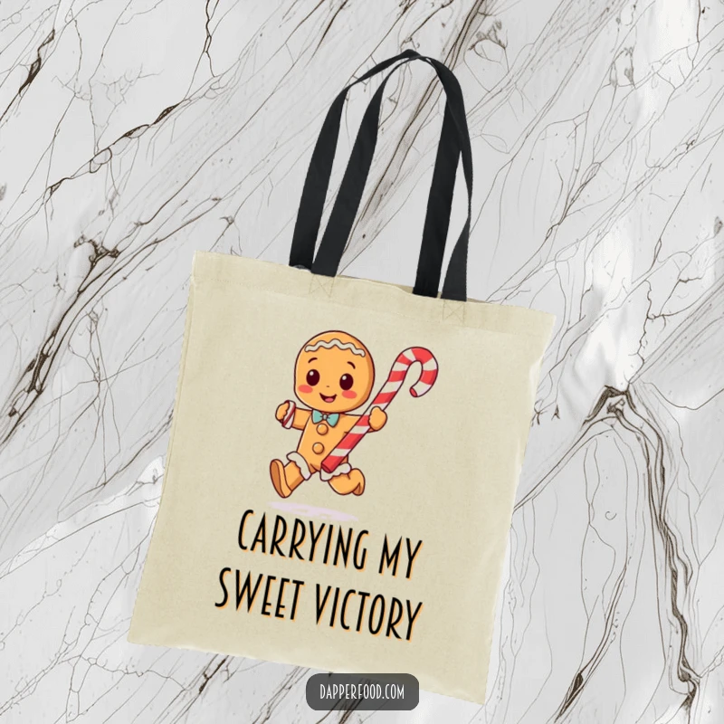 Funny gingerbread man character with arms running with a giant candy cane on a tote bag, for holiday shopping.