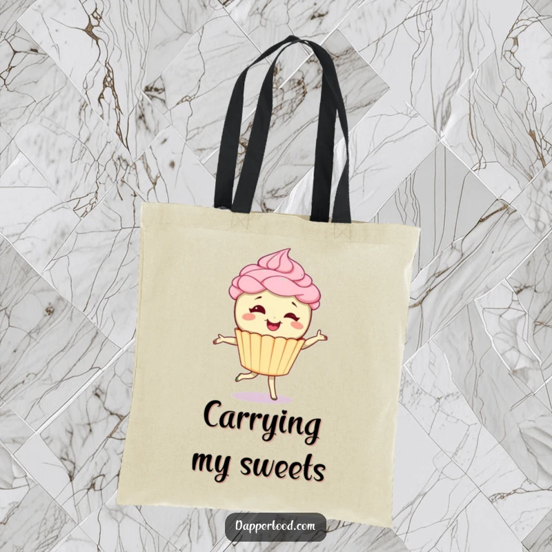 Funny tote bag featuring a giggling cupcake character with frosting hair, captured mid-pirouette, perfect for carrying items with flair. Great funny gift.