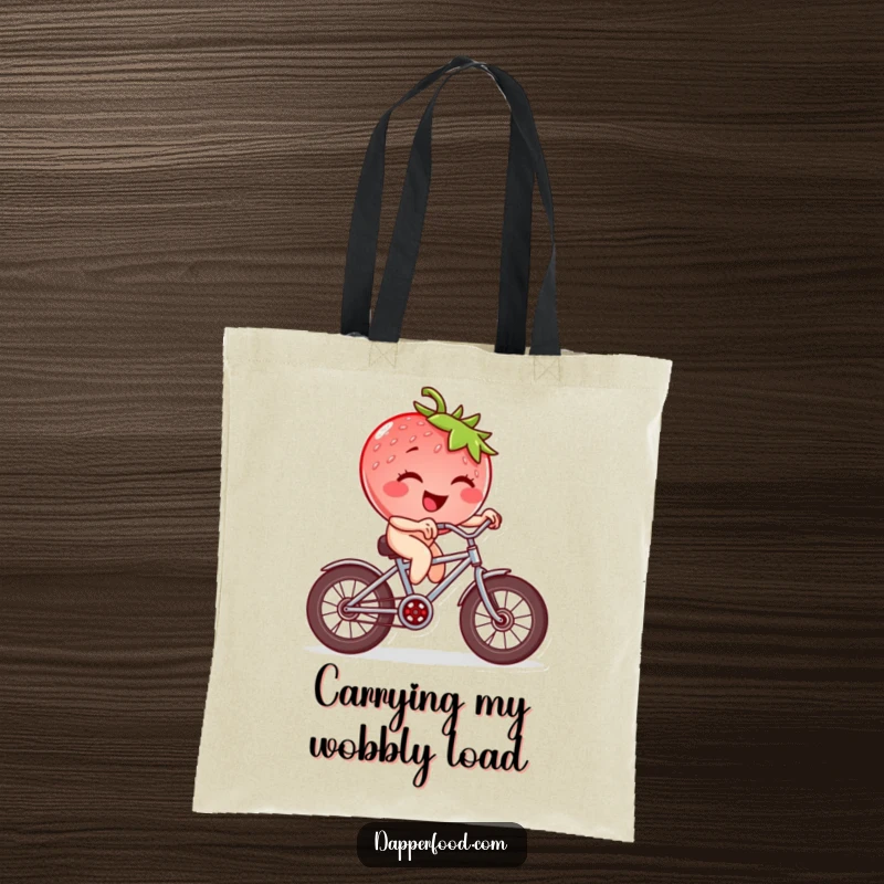 Funny strawberry character winking and riding a tiny bicycle with square wheels, a humorous and practical tote bag design.