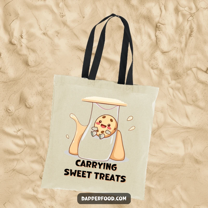 Funny cookie tote bag with a giggling character sliding down a milk-flavored slide, perfect for carrying daily goods.