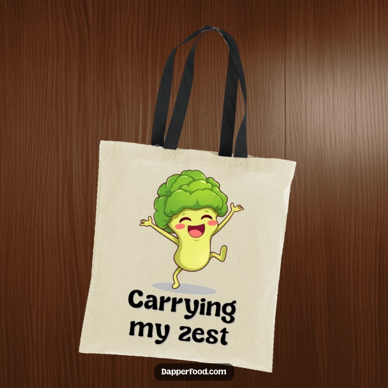 Funny broccoli character doing a happy cartwheel, ideal for a reusable tote bag that adds humor to errands.