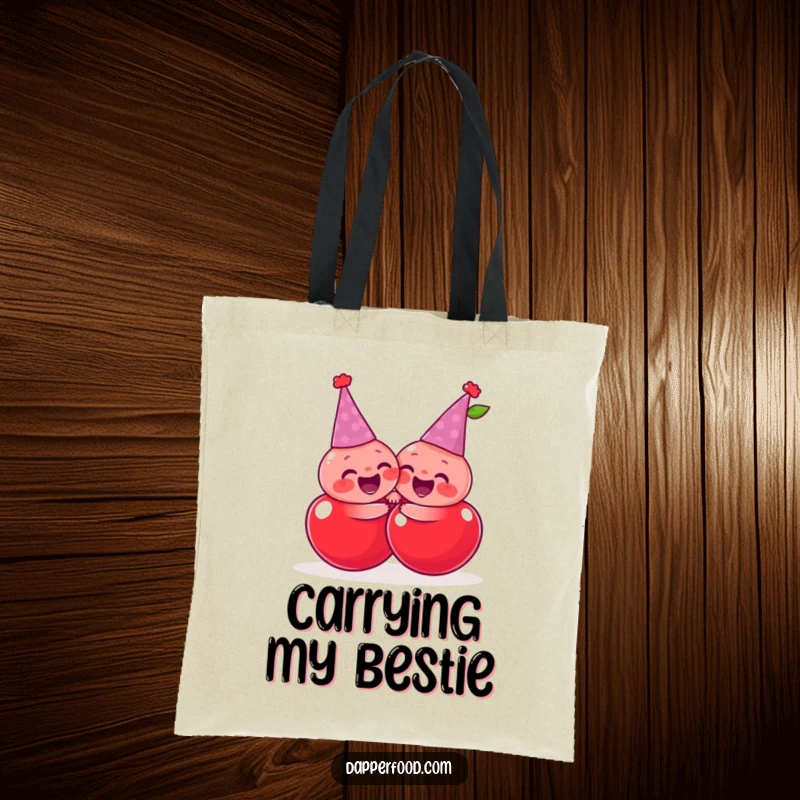Funny giggling cherries wearing tiny party hats, sharing a joyful, exaggerated hug, a humorous and practical tote bag.