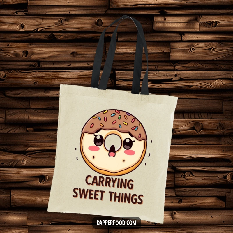 Funny tote bag illustration of a surprised doughnut character with wide eyes as a stream of colorful sprinkles falls from above.