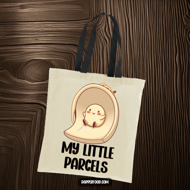Funny dumpling character enjoying a slide down a noodle, on a practical tote bag for humorous, everyday use.