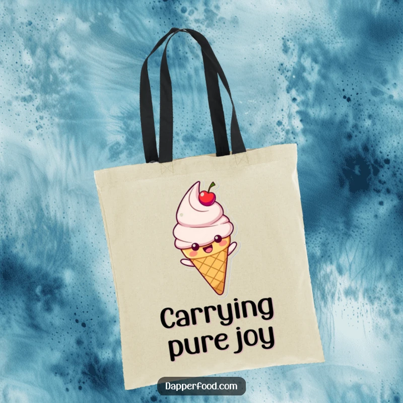 Funny Ice Cream Tote Bag with a happy cone character, cherry topping, sliding down a rainbow, perfect for carrying essentials with sweet humor.