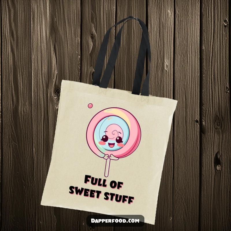Funny Kawaii Lollipop Tote Bag: A bright character spinning gleefully, symbolizing pure joy, a practical funny gift.