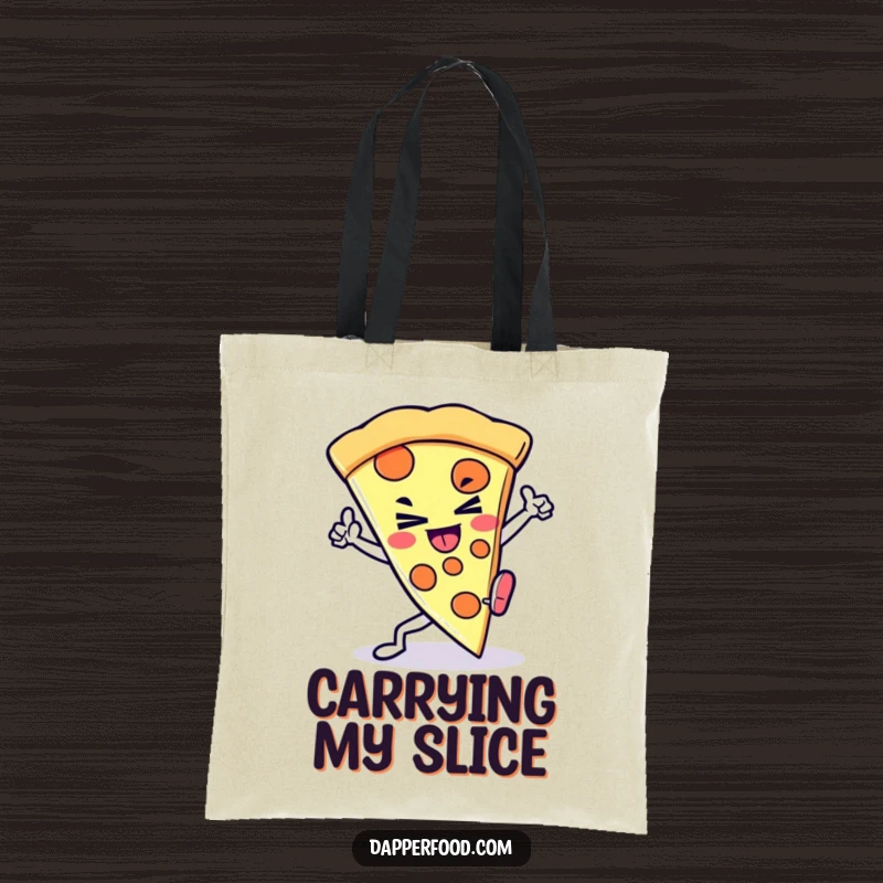 Funny Kawaii Pizza Kick Tote Bag: A determined pizza slice character performing a kick, symbolizing strength, a practical funny gift.