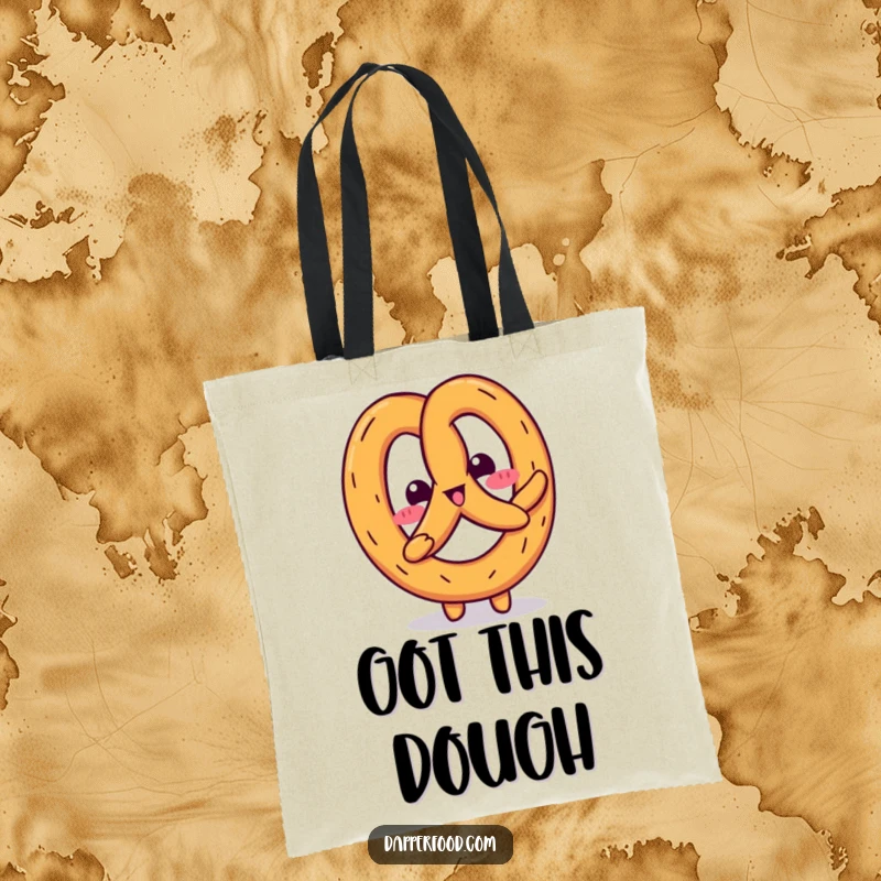 Funny Kawaii pretzel character wiggling adorably on a reusable tote bag, perfect for carrying groceries with a humorous touch.
