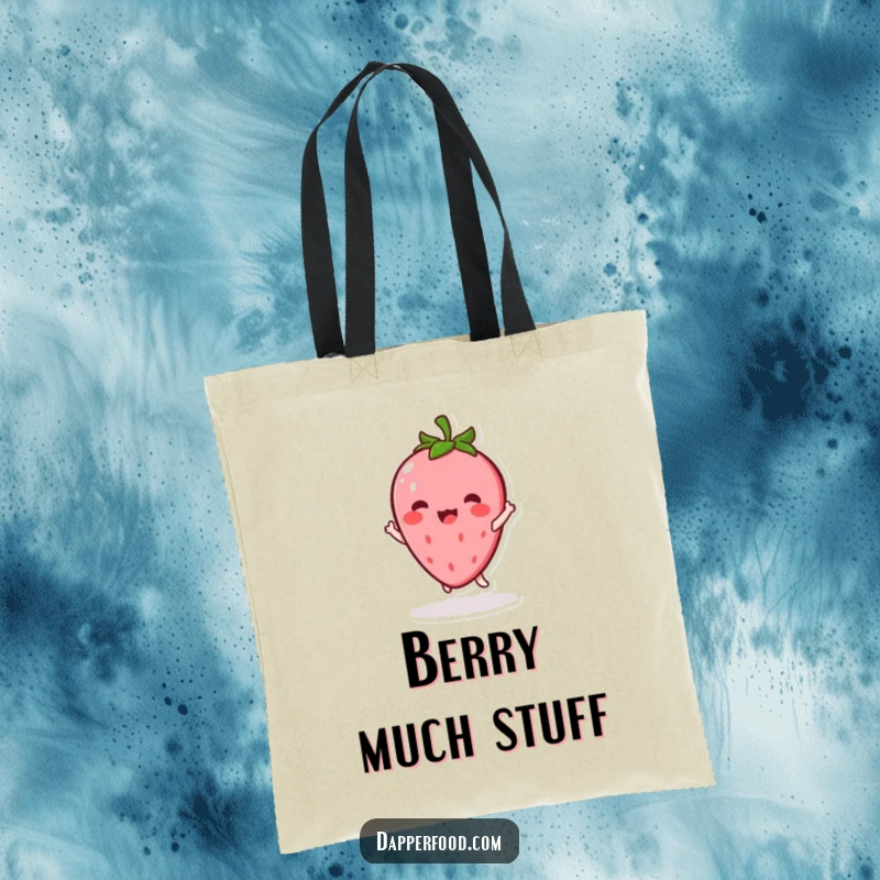 Funny Kawaii Strawberry Tote Bag: A bright character doing a lively twirl, symbolizing energy, a practical funny gift.
