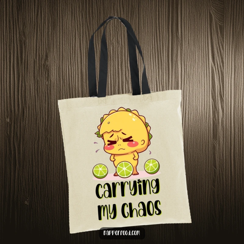 Funny tote bag featuring a nervous taco sweating and juggling limes, perfect for carrying essentials.