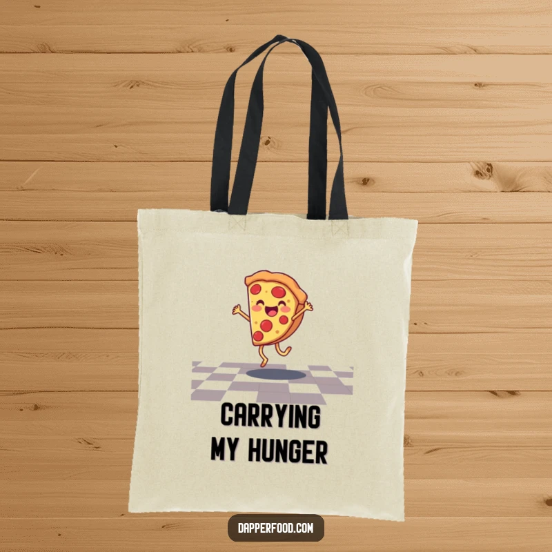 Funny pizza slice tote bag doing a cartwheel on a checkered floor, perfect for carrying daily essentials with a smile.
