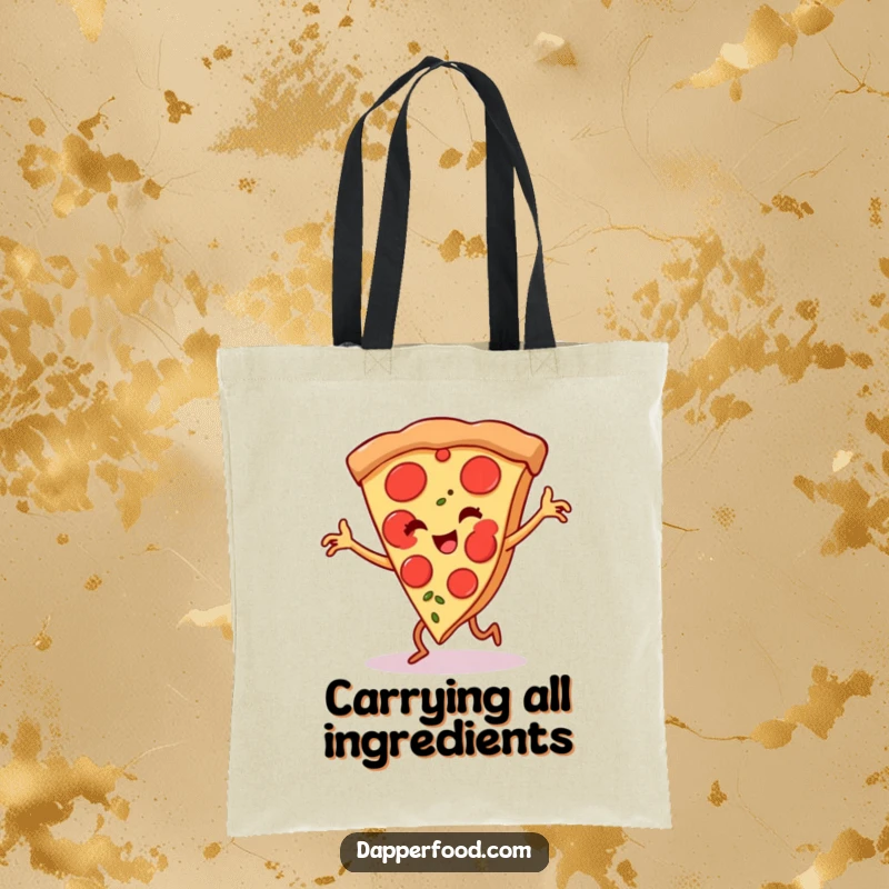 Funny pizza slice tote bag, tiny legs performing a lively flamenco dance, showcasing a humorous food character for everyday use.