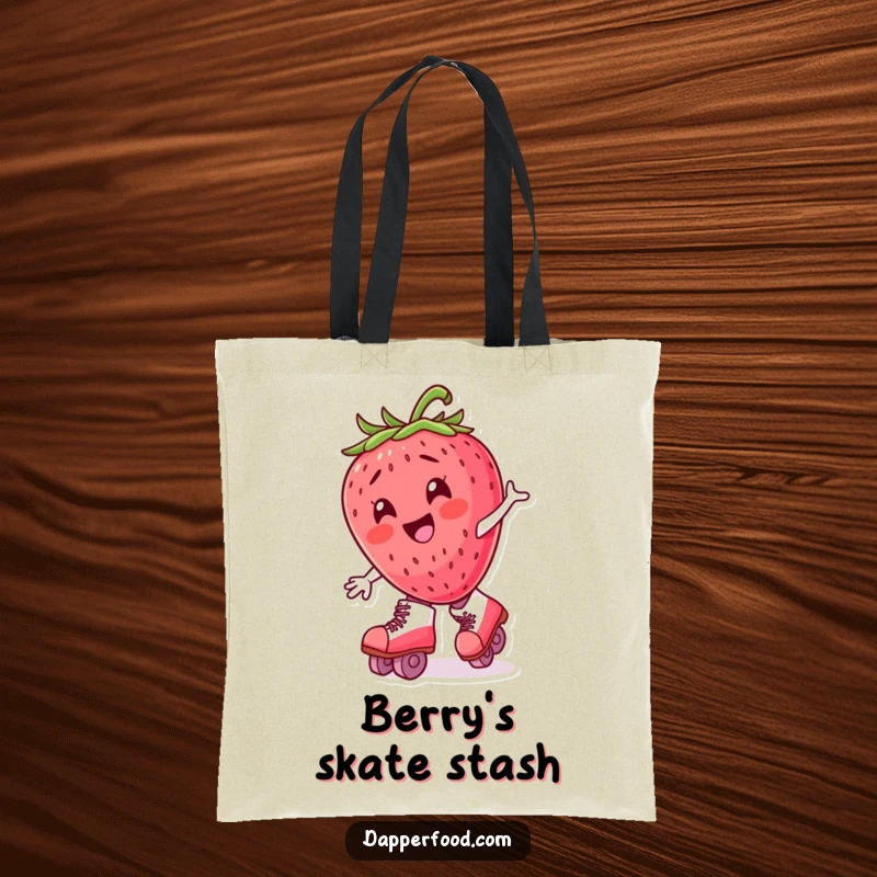 Funny anthropomorphic strawberry character wobbling on roller skates, carrying a tote bag with cheerful energy.