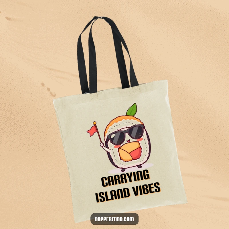 Funny sushi roll wearing sunglasses and waving a flag is printed on this tote bag, perfect for stylish, humorous carrying.