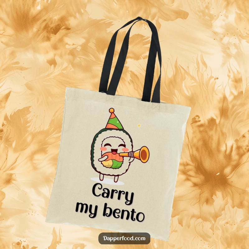 Funny sushi roll tote bag, wearing a party hat, playing a miniature trumpet, a humorous and festive accessory for everyday use.