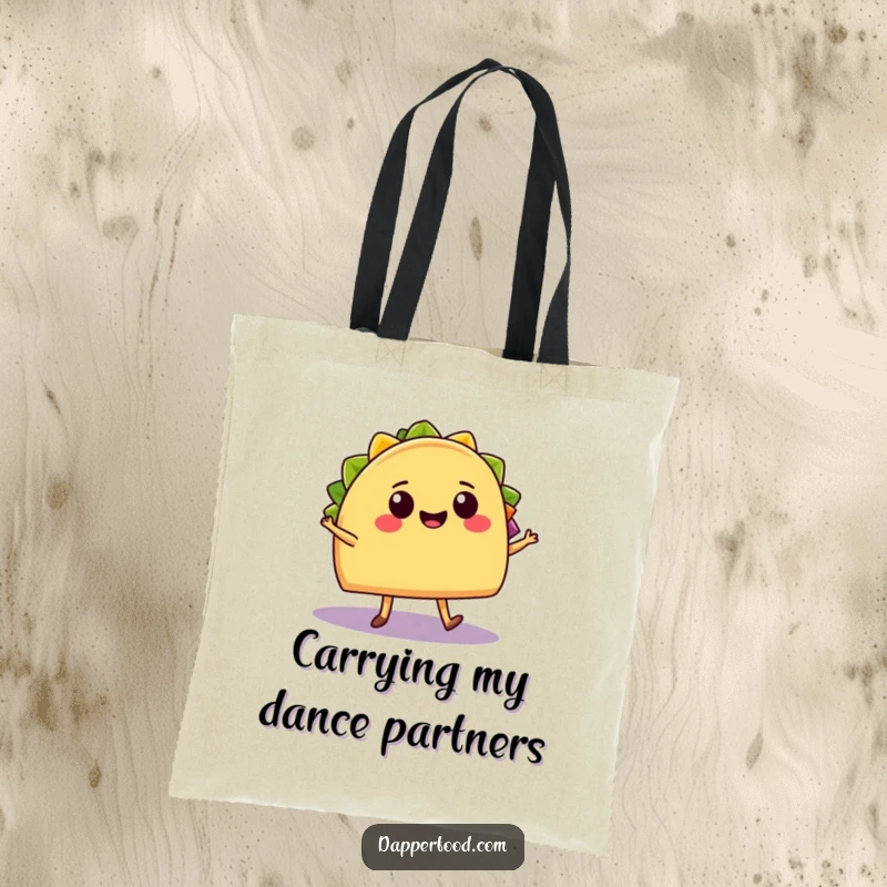Funny Tote Bag: A cheerful taco with legs salsa dances energetically with a smiling burrito, a mobile fiesta.