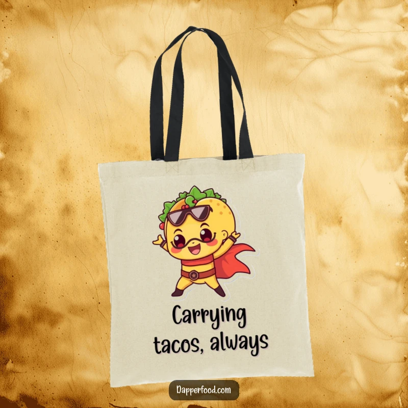 Funny tote bag showcasing a cheerful taco in a superhero stance, ready for any heroic task.