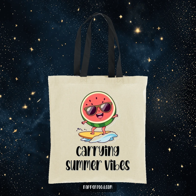 Funny watermelon surfer tote bag, a cool slice with shades surfing a wave, perfect for carrying beach gear. A useful funny gift.