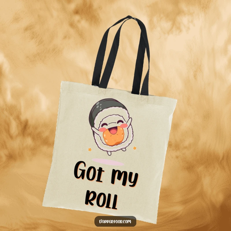 Funny sushi roll tote bag, kawaii character joyfully somersaulting, durable and stylish, excellent funny gift.