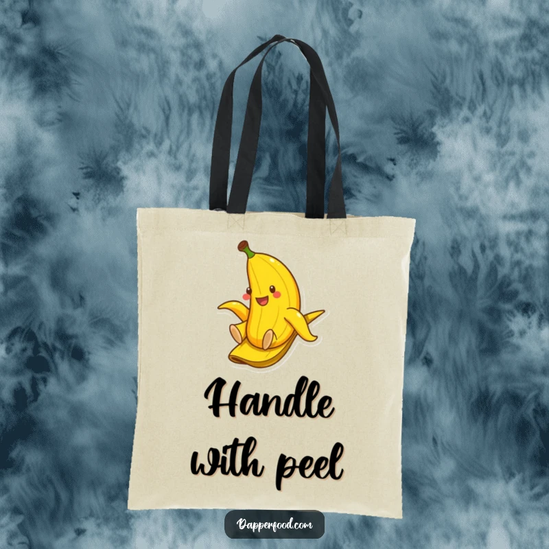Funny tote bag with a smiling banana sliding down a banana peel, perfect for carrying essentials with a humorous flair.