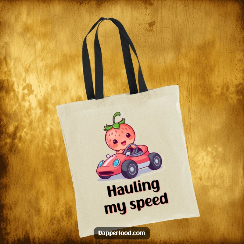 Funny tote bag showcasing a smiling strawberry character driving a tiny race car, perfect for carrying essentials with flair.