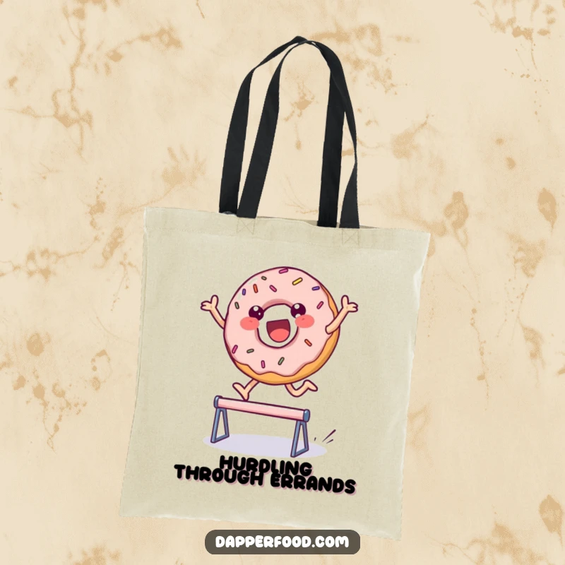 Funny tote bag featuring a delighted donut character with sprinkles, captured mid-leap over a hurdle, perfect for carrying items with flair. Great funny gift.