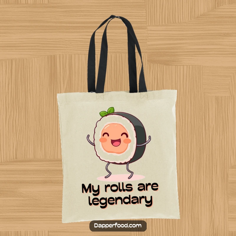 Funny Tote Bag: A happy sushi roll with tiny spring legs bounces energetically, a cute and portable piece of art.