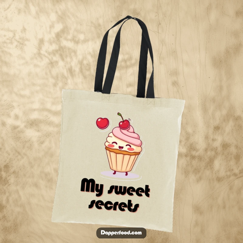 Funny tote bag illustration of a shy cupcake character playfully tossing a cherry overhead, cheeks flushed with delight.