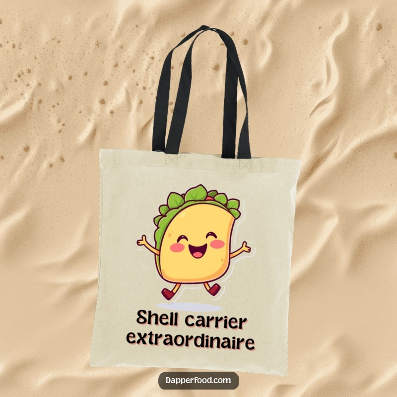 Funny Taco Hop Tote Bag with a cheerful smiling taco character joyfully hopping, great for carrying essentials with style.